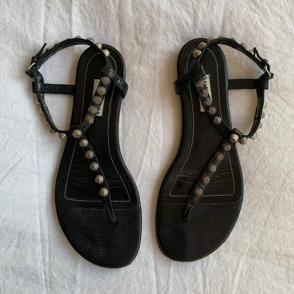 Vintage Balenciaga Arena Silver Stud Leather Thong T Sandals Black